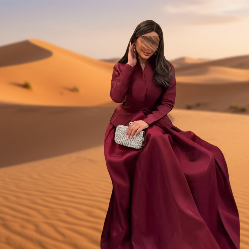 فستان بدوية خمري بتصميم ياباندي عصري