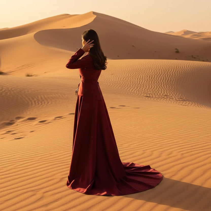 فستان بدوية خمري بتصميم ياباندي عصري