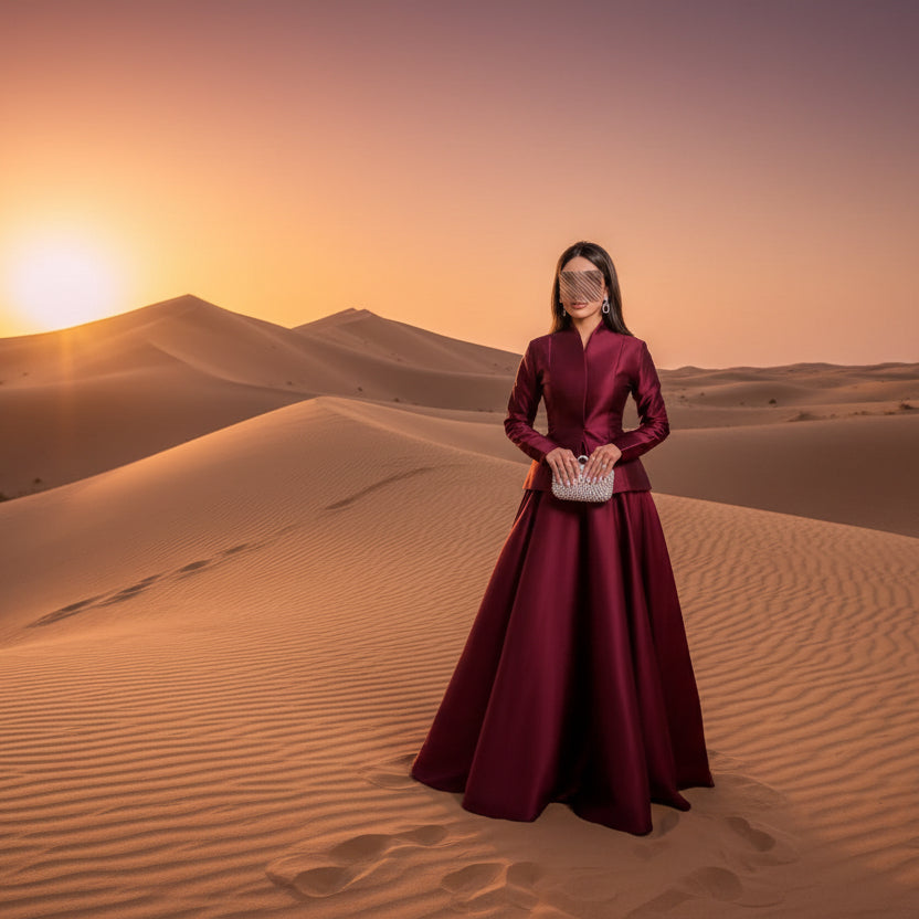 فستان بدوية خمري بتصميم ياباندي عصري