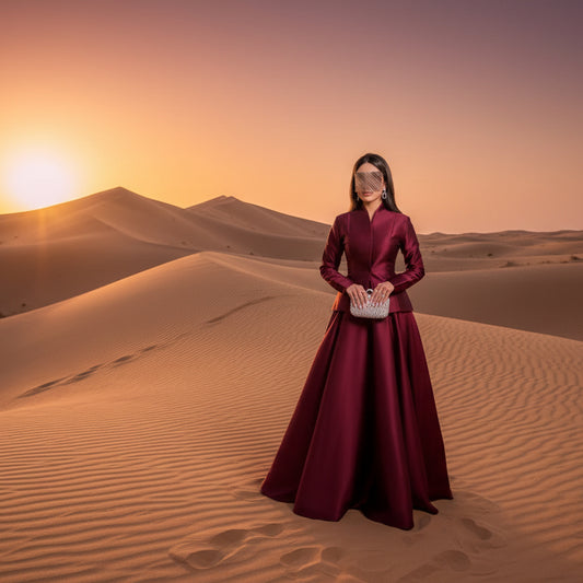 فستان بدوية خمري بتصميم ياباندي عصري